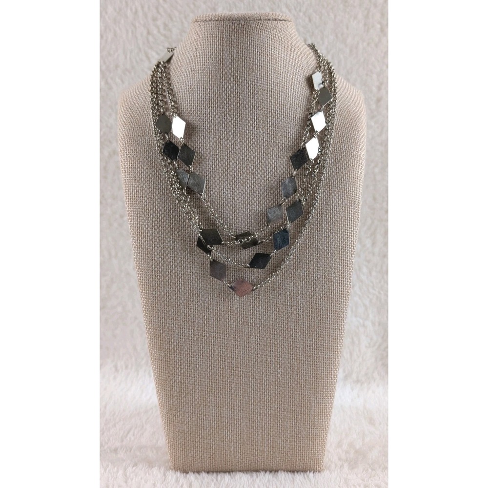 Silver Tone Multi Strand Layered Necklace Geometric Square Discs Bib 34"